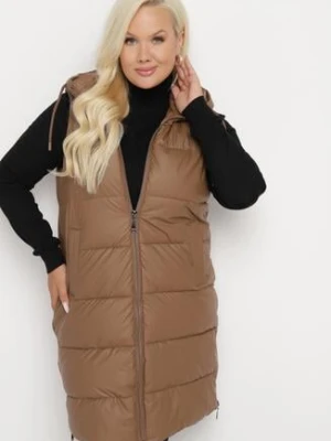 Brązowa Pikowana Kamizelka z Kapturem na Suwak i Napy Timella swest