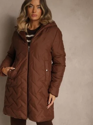 Brązowa Pikowana Kurtka Dwustronna o Długim Kroju z Kapturem Olettia j.style