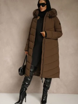 Brązowa Pikowana Kurtka o Długim Kroju z Kapturem z Futrem Galianesa papillon d'or