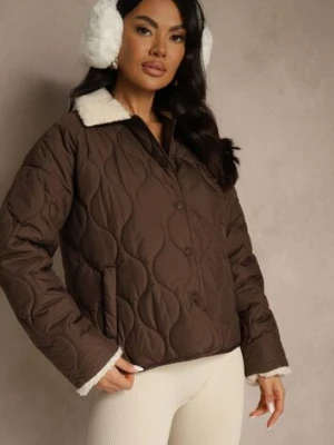 Brązowa Pikowana Kurtka o Koszulowym Kroju z Futrzanym Kołnierzem Selme