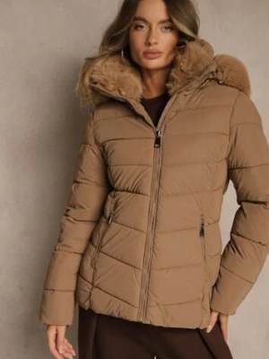 Brązowa Pikowana Kurtka o Taliowanym Kroju z Kapturem z Futerkiem Olidessa romee's
