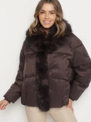 Brązowa Pikowana Kurtka Oversize z Futrzanymi Zdobieniami Saranessa yu & me