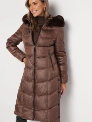 Brązowa Pikowana Kurtka Płaszcz za Kolano z Kapturem i Futerkiem Naelora j.style