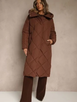 Brązowa Pikowana Kurtka Płaszcz za Kolano z Kapturem Kinassan j.style