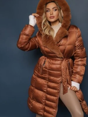 Brązowa Pikowana Kurtka Płaszcz za Kolano z Wiązanym Paskiem i Futerkiem Vivenda j.style