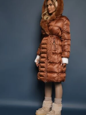 Brązowa Pikowana Kurtka Płaszcz za Kolano z Wiązanym Paskiem i Futerkiem Vivenda j.style