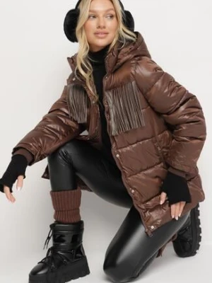 Brązowa Pikowana Kurtka z Kapturem i Paskiem z Marszczeniem Zdobiona Frędzlami Sanoria lovery