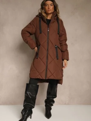Brązowa Pikowana Kurtka z Przeszyciem w Kratę Kapturem i Kieszeniami Zenetta