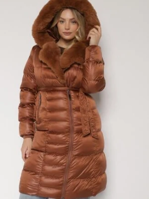 Brązowa Pikowana Kurtka za Kolano z Ozdobnym Futerkiem Velveti j.style
