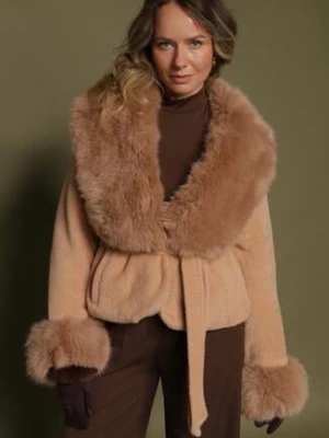 Brązowa Pluszowa Kurtka z Futrzanym Kołnierzem i Mankietami Wiązana w Pasie Arevitte ann gissy