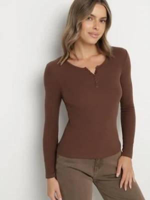 Brązowa Prążkowana Bluzka z Bawełny z Długim Rękawem i Guziczkami Amendria elsa.m by may