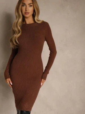 Brązowa Prążkowana Sukienka z Dzianiny z Bawełną o Dopasowanym Kroju Tesoria