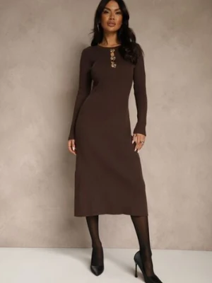 Brązowa Prążkowana Sukienka z Dzianiny z Wiskozą Zdobiona Aplikacjami Tusmeira bisou's project