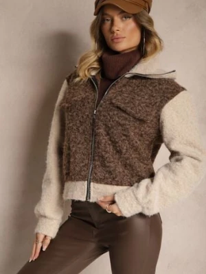 Brązowa Przejściowa Kurtka Boucle z Wysokim Kołnierzem i Imitacją Kieszeni Lilarra new collection