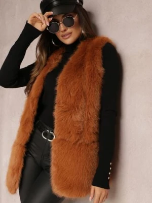 Brązowa Puchata Kamizelka z Futerka Ozdobiona Imitacją Skóry Tekllesa