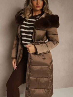 Brązowa Puchowa Kurtka Pikowana o Długim Kroju z Kapturem z Futerkiem Bavea ann gissy