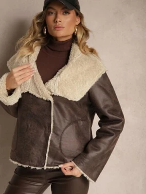 Brązowa Pudełkowa Kurtka Biker z Szerokim Kołnierzem i Futrzaną Wyściółką Lioiala ann gissy