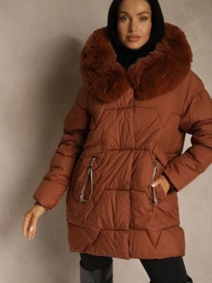 Brązowa Pudełkowa Kurtka Pikowana Ozdobiona Odpinanym Futerkiem i Suwakiem Hedizelle