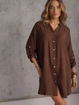 Brązowa Pudełkowa Sukienka Bawełniana Oversize z Dekoltem w Serek Elavellis m&d fashion