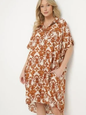 Brązowa Pudełkowa Sukienka Koszulowa z Wiskozy w Ornamentalny Print Vanisse cflo