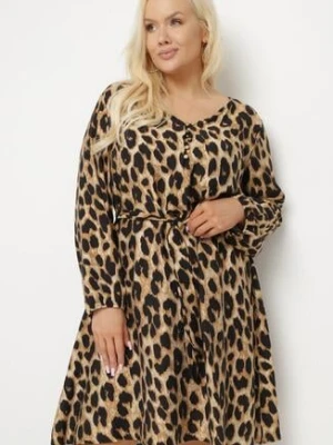 Brązowa Pudełkowa Sukienka z Wiskozą w Panterkę z Materiałowym Paskiem Setarvia christy
