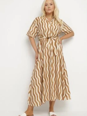 Brązowa Pudełkowa Sukienka z Wiskozy w Geometryczny Wzór z Paskiem Luniretia j&x