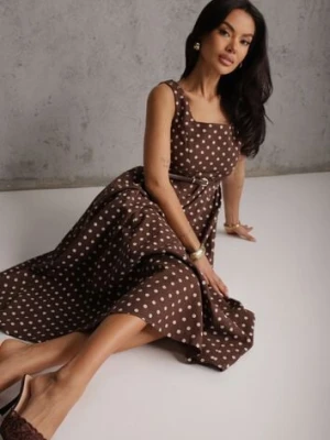 Brązowa Retro Sukienka z Bawełny i Wiskozy w Kropki o Rozkloszowanym Kroju Phrithoe elsa.m by may