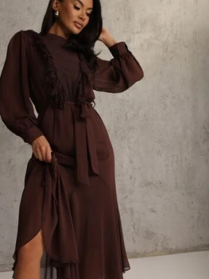 Brązowa Romantyczna Sukienka z Bufiastymi Rękawami i Falbanką z Koronki Sewmira