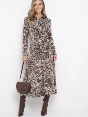 Brązowa Rozkloszowana Midi Sukienka z Materiałowym Paskiem w Modny Print Zamipa