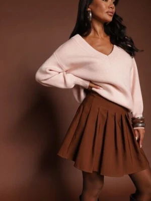 Brązowa Rozkloszowana Spódnica Mini z Zakładkami Plainnet new collection