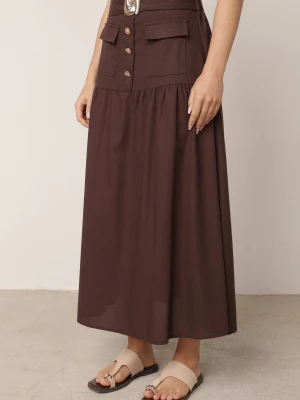 Brązowa Rozkloszowana Spódnica z Wiskozą i Lnem z Ozdobnym Paskiem Salape M&d Fashion