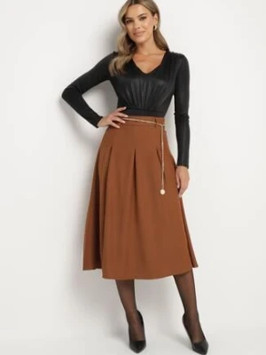 Brązowa Rozkloszowana Spódnica z Wiskozą Ozdobiona Łańcuszkiem w Pasie Lilindrae sophyline