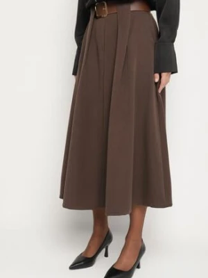 Brązowa Rozkloszowana Spódnica z Wiskozą Zdobiona Paskiem z Klamrą Tinevia new collection