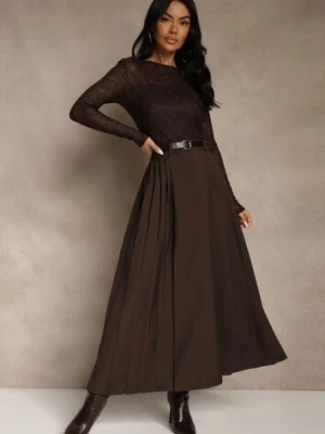 Brązowa Rozkloszowana Spódnica z Wiskozy z Dodatkowym Paskiem z Klamrą Lowedina