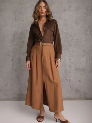 Brązowa Rozkloszowana Spódnica z Wiskozy Zdobiona Rozcięciem i Paskiem Urilia elsa.m by may