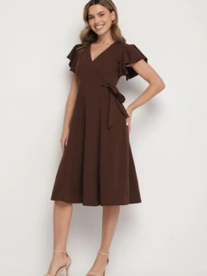 Brązowa Rozkloszowana Sukienka Kopertowa z Wiązaniem w Talii Dannila new collection
