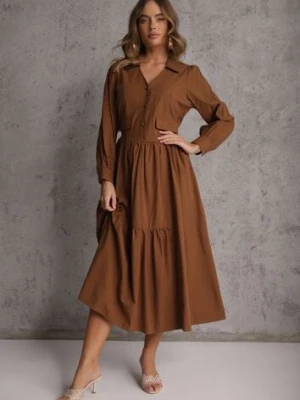 Brązowa Rozkloszowana Sukienka Koszulowa z Bawełny i Wiskozy Zdobiona Klapami Gleta