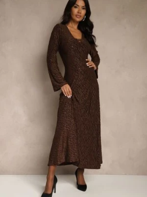 Brązowa Rozkloszowana Sukienka Longsleeve w Zebrę Zdobiona Brokatem Mevilisa