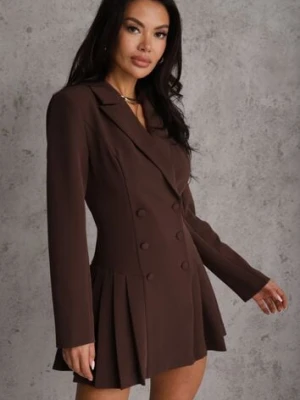 Brązowa Rozkloszowana Sukienka Marynarka VICES z Usztywnianymi Ramionami Ilarita
