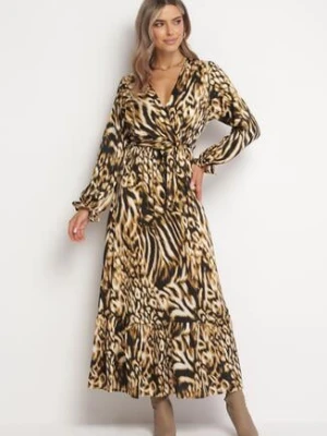 Brązowa Rozkloszowana Sukienka Maxi z Wiązanym Paskiem Saben jusdepom