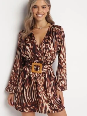 Brązowa Rozkloszowana Sukienka Mini z Paskiem Siressi jusdepom