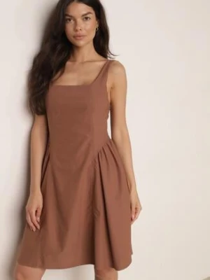 Brązowa Rozkloszowana Sukienka na Ramiączkach Podkreślająca Talię Beleris rosa