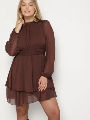 Brązowa Rozkloszowana Sukienka Siateczkowa z Bufiastymi Rękawami Isovana bisou's project