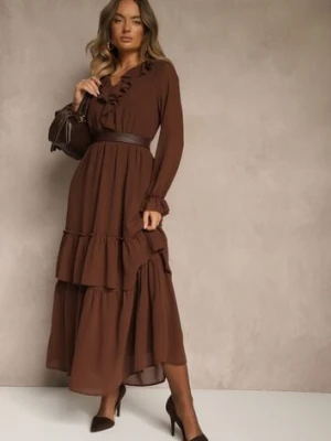 Brązowa Rozkloszowana Sukienka VICES z Falbanami i Transparentnymi Rękawami Aruvite