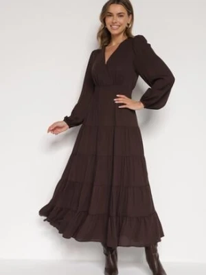 Brązowa Rozkloszowana Sukienka Vices z Kopertowym Dekoltem Reslosa