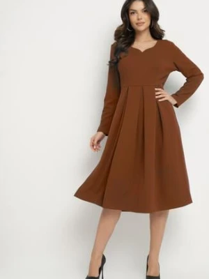 Brązowa Rozkloszowana Sukienka Wieczorowa ze Szpiczastym Dekoltem Temithiel new collection