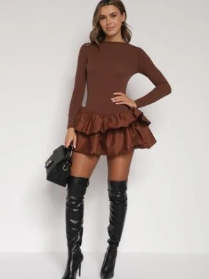 Brązowa Rozkloszowana Sukienka z Długim Rękawem i Falbanką Reonaria new fashion