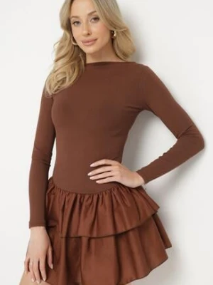 Brązowa Rozkloszowana Sukienka z Długim Rękawem i Falbanką Reonaria new fashion