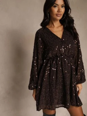 Brązowa Rozkloszowana Sukienka z Długimi Rękawami Zdobiona Cekinami Reisena