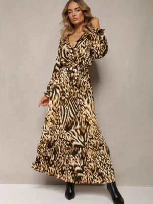 Brązowa Rozkloszowana Sukienka z Gumką w Talii i Kopertowym Dekoltem Janiis jusdepom